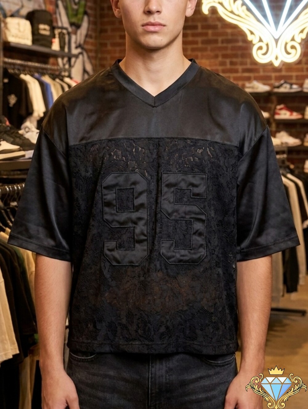 SHEIN X Fever City Oversized Lace Jersey | Men's L Black Silky V-Neck Streetwear
